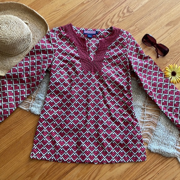 🌺 VINEYARD VINES; Adorable, 100% Cotton, Pink/Brown/Ecru Geometric Design Sz XS - Picture 4 of 10